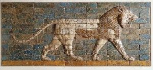 Two Panels with striding lions